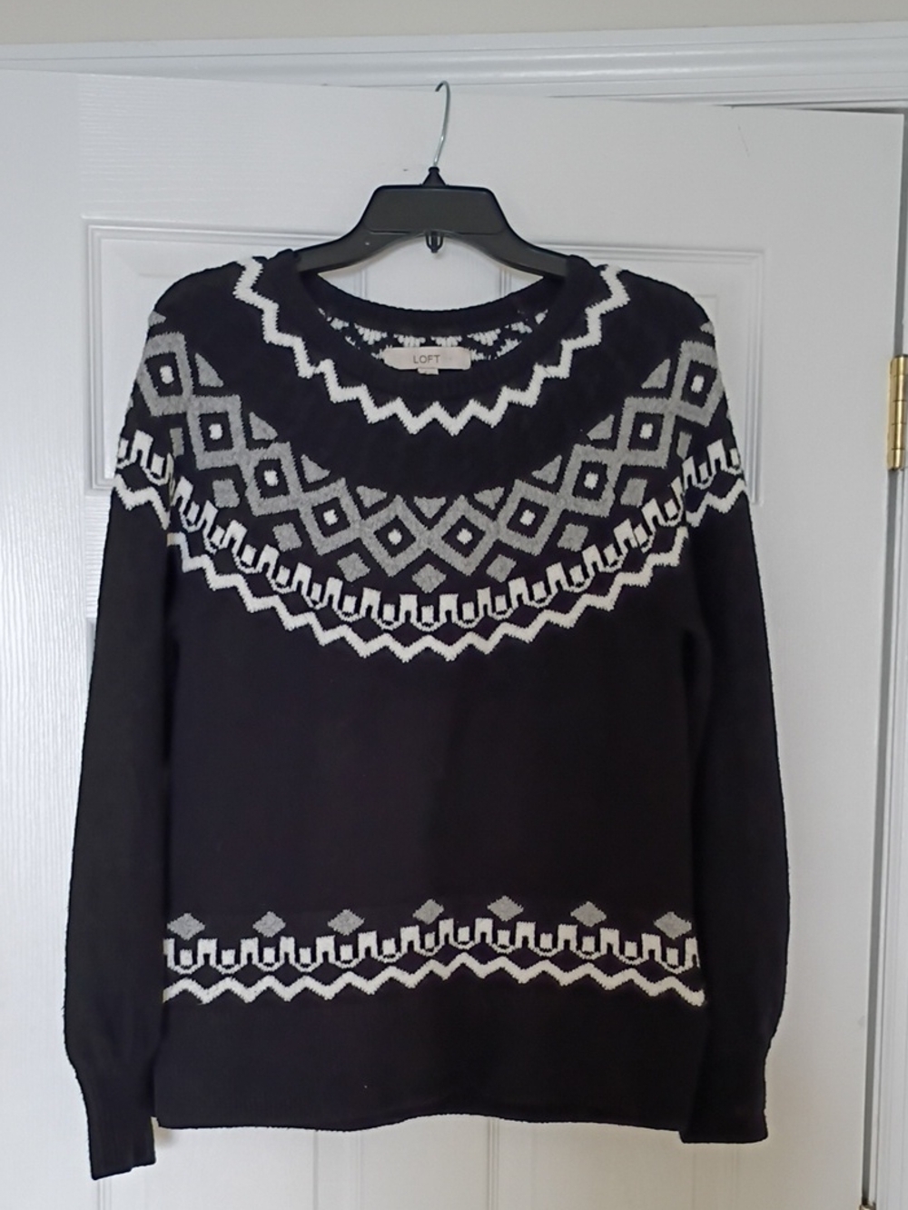 LOFT Black Fair Isle Crew Sweater with White & Gray Pattern, XS